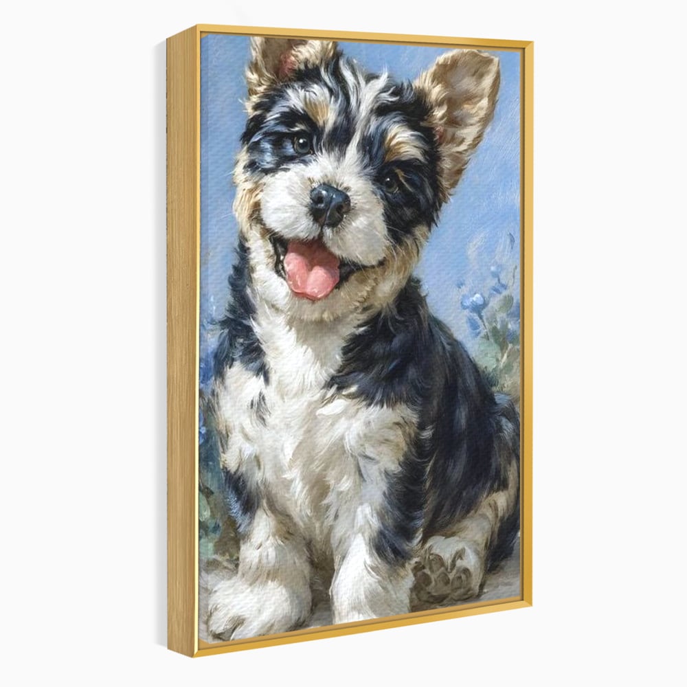 Tablou canvas cu tablou canvas cu catelus pufos, in rama de aluminiu auriu